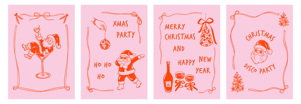 Merry Christmas and Happy New Year whimsical hand drawn doodle posters, girly disco bachelorette party invitation. Coquette bow ribbon xmas frames. Disco ball and champagne cocktail party