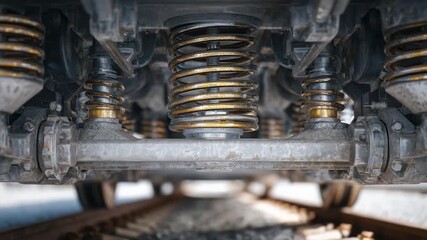 Detailed engineering shot of train car undercarriage suspension, tight metal springs, and brackets, emphasizing industrial complexity and strength