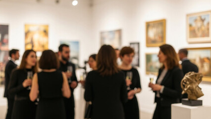 Blurred Art Gallery Exhibition Opening with Visitors Socializing