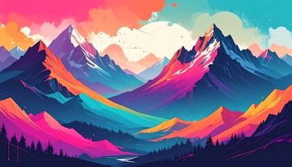 Colorful mountain range painting, showing layered peaks with vibrant hues in pinks, blues, oranges and purples