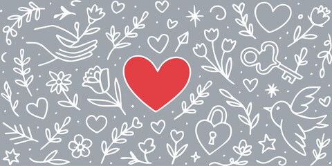Valentine's Day pattern with hearts, flowers, key, bird, and lock on a gray background.