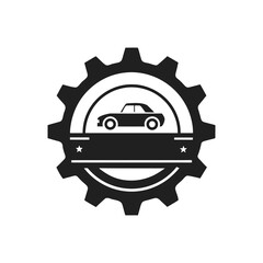 Automotive service and repair emblem featuring a classic car silhouette within a gear and banner design, perfect for mechanic shops and auto enthusiasts