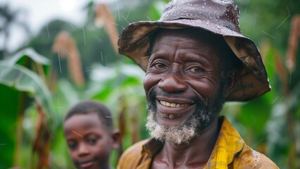 Gleaming Gaze of the Field: A weathered farmer in his natural attire, his face illuminated with a warm smile, gazes out on a rainy day amidst a vibrant crop of maize.