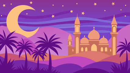 Fototapeta premium Illustration of mosque with moon and palm trees