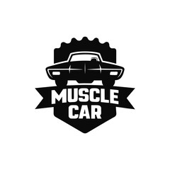 Vintage muscle car emblem featuring an aggressive front view silhouette. Classic American automotive badge vector illustration for a garage or club