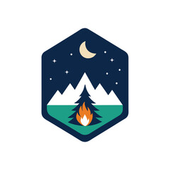 A scenic outdoor camping badge illustration featuring a bright campfire before a snow-capped mountain ridge at night