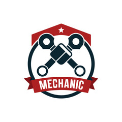 Vintage auto repair service emblem with crossed pistons. Retro mechanic logo icon with bold design elements for a garage or workshop
