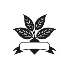 Monochrome graphic of a leafy plant sprout over a heart with a blank ribbon, perfect for a vintage eco logo or retro agricultural badge