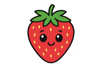 Red strawberry cartoon character with big eyes on transparent background, cute fruit smiling friendly face