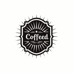 Vintage coffee shop logo design with a sunburst effect on a shield emblem. Retro typography on a curved banner for a cafe brand