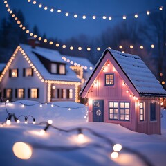 Cozy winter village scene with snow covered houses illuminated by warm christmas lights at night