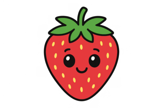 Red strawberry cartoon character with big eyes on transparent background, cute fruit smiling friendly face
