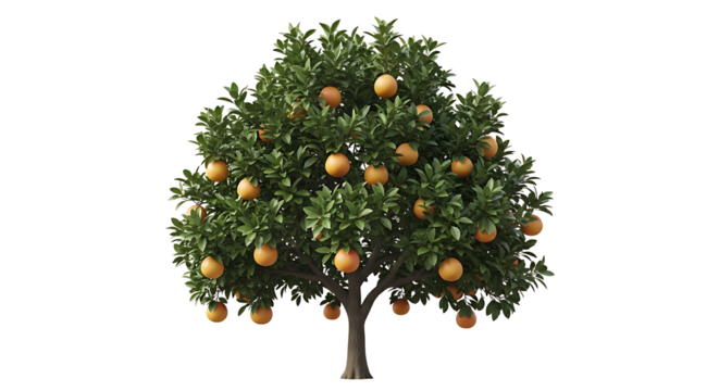 Ripe orange tree with green leaves and round fruits isolated on a transparent background - Powered by Adobe