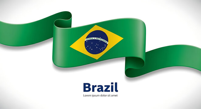 Waving brazilian flag ribbon with country name text on white background