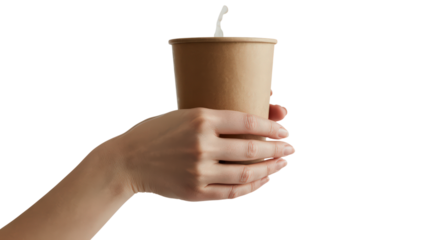 Hand Holding Disposable Paper Cup Coffee or Tea Isolated on Transparent Background for Business Presentation and Advertisement Graphic Resource with Copy Space