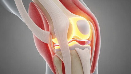Anatomical illustration showing the structure of the knee joint with bones and ligaments depicted clearly