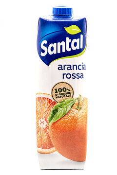 Parmalat Santal Arancia Rossa,bottle of blood orange fruit juice,Italian brand product on white background.