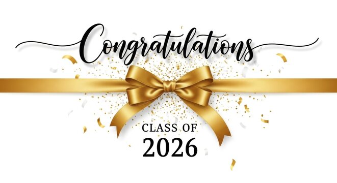 Elegant graduation celebration card with gold ribbon and festive accents for