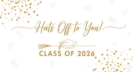 Celebratory graduation announcement with gold accents and academic symbols for