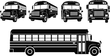 School bus black silhouette vector set, educational transport vehicle glyph collection, multiple views including front, side profile, and perspective, classic American design