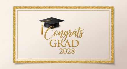 Elegant congratulatory graduation card with a gold glitter border and a black