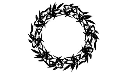 Circular wreath pattern formed of dark, textured, repeating leafy elements on a white background creating a stark contrast