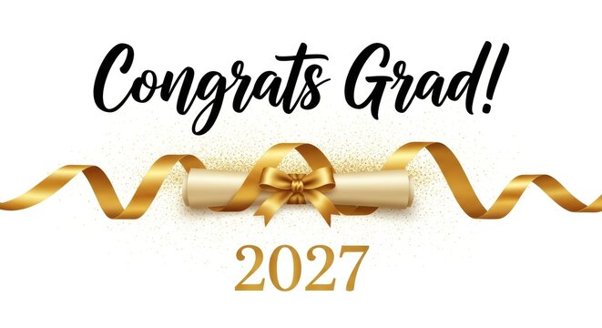 Celebratory graduation announcement with gold ribbon and congratulatory
