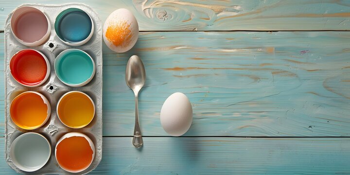 Get creative with Easter egg dyeing with vibrant colors in cracked eggshells, a spoon, and fresh eggs ready for a playful celebration - Powered by Adobe