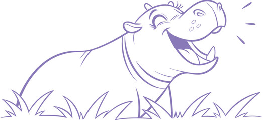 Cute cartoon hippo laughing in the grass. Playful outline animal illustration. Fun character design for kids and storytelling.