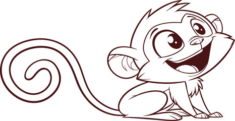 Cute cartoon monkey sitting happily. Playful baby monkey line art illustration. Adorable cheerful character drawing for kids and creatives.