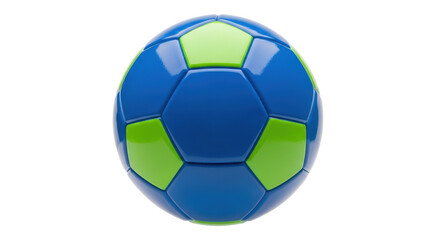 Fototapeta premium Blue and green soccer ball PNG isolated on transparent background, colorful football for sports and recreation