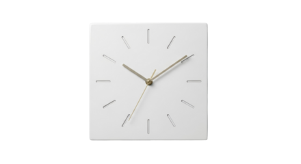 Modern square wall clock isolated PNG on transparent background, minimalist design with gold hands for home decor and timekeeping