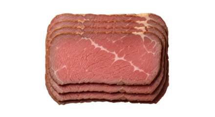 Thinly sliced roast beef isolated PNG on transparent background, cold cuts for sandwiches and deli meat product