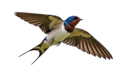 Barn swallow flying PNG isolated on transparent background, colorful bird with long tail and outstretched wings, migratory species