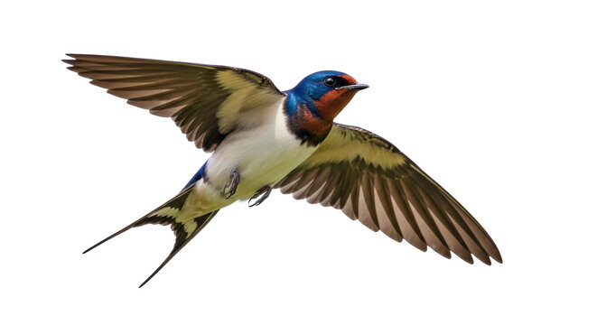 Barn swallow flying PNG isolated on transparent background, colorful bird with long tail and outstretched wings, migratory species
