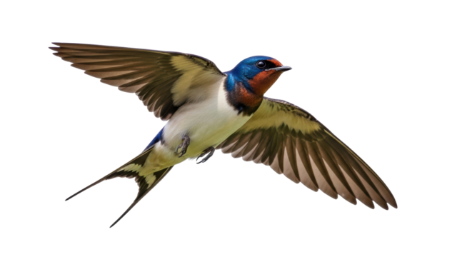 Barn swallow flying PNG isolated on transparent background, colorful bird with long tail and outstretched wings, migratory species
