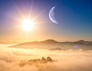 Ethereal landscape Sun, moon, mountains emerge above a blanket of clouds. Warm glow, cool sky contrasts