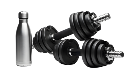 Dumbbells and water bottle on a black background for fitness and exercise