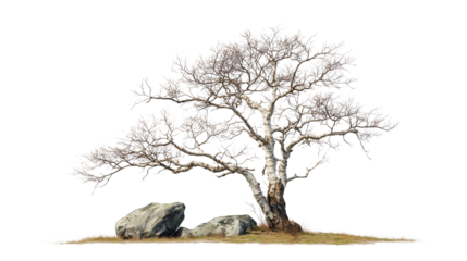 Bare deciduous tree with rough bark standing next to two large rock isolated on transparent background