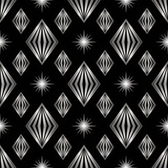 Elegant art deco diamond pattern with starbursts on black background seamless geometric design