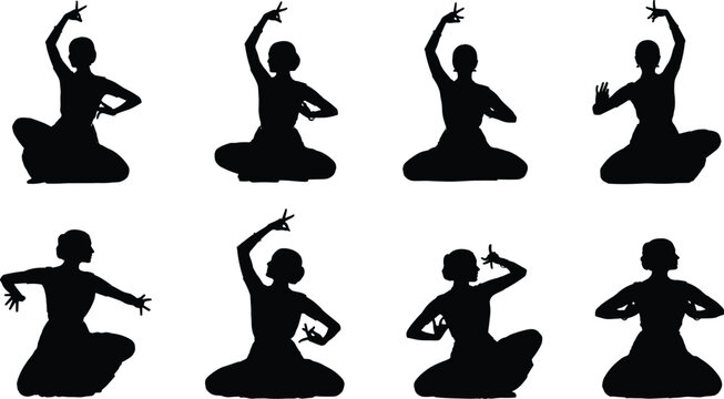 Silhouettes of a woman in various poses of bharatanatyam, an indian classical dance form, graceful mudras and expressive movements