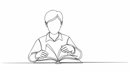 Continuous line drawing of a person reading a book, focused on learning and education.