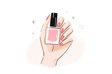 Feminine hand holding a pink nail polish bottle in a minimalistic illustration, showcasing elegant nail studio branding with soft pastel colors and a clean aesthetic for beauty enthusiasts