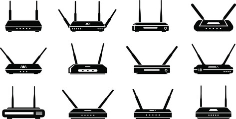 Collection of wireless router silhouettes, offering a variety of network device designs for connectivity and technology themes