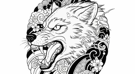 Detailed Wolf Head Tattoo Design with Snarling Expression and Floral Accents.