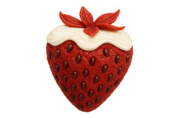 Delicious strawberry shaped red velvet cake with cream cheese frosting and chocolate seeds on transparent background