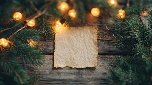 Aged parchment paper with burnt edges hangs on a rustic wooden surface surrounded by evergreen branches and warm bokeh fairy lights