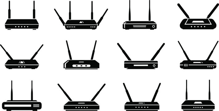 Collection of wireless router silhouettes, offering a variety of network device designs for connectivity and technology themes