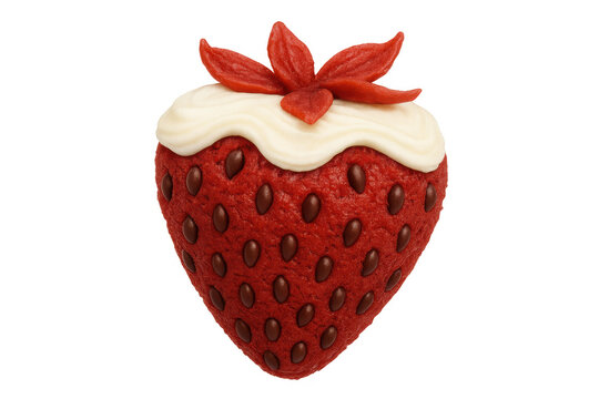 Delicious strawberry shaped red velvet cake with cream cheese frosting and chocolate seeds on transparent background