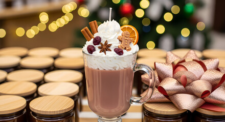 Hot cocoa candle in a glass mug with whipped cream topping and Christmas decoration